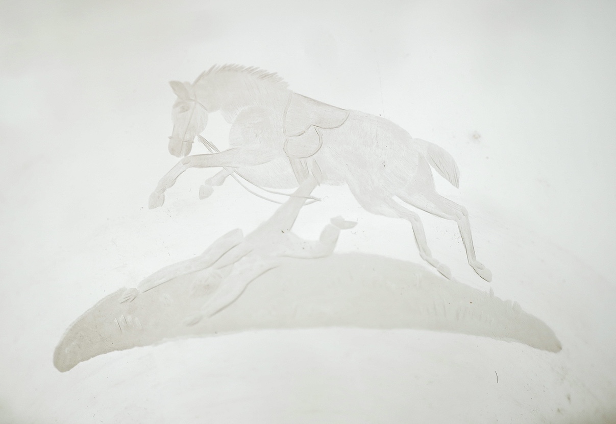 Horse interest - two German amber flashed beakers and two engraved rummers, 19th century